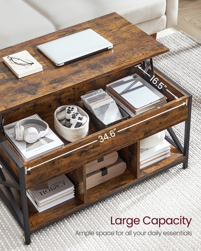 VASAGLE Lift Top Coffee Table with Storage Shelf and Hidden Compartments, 19.7 x 39.4 x (19.3-24.4) Inches, Rustic Brown and Black VASAGLE