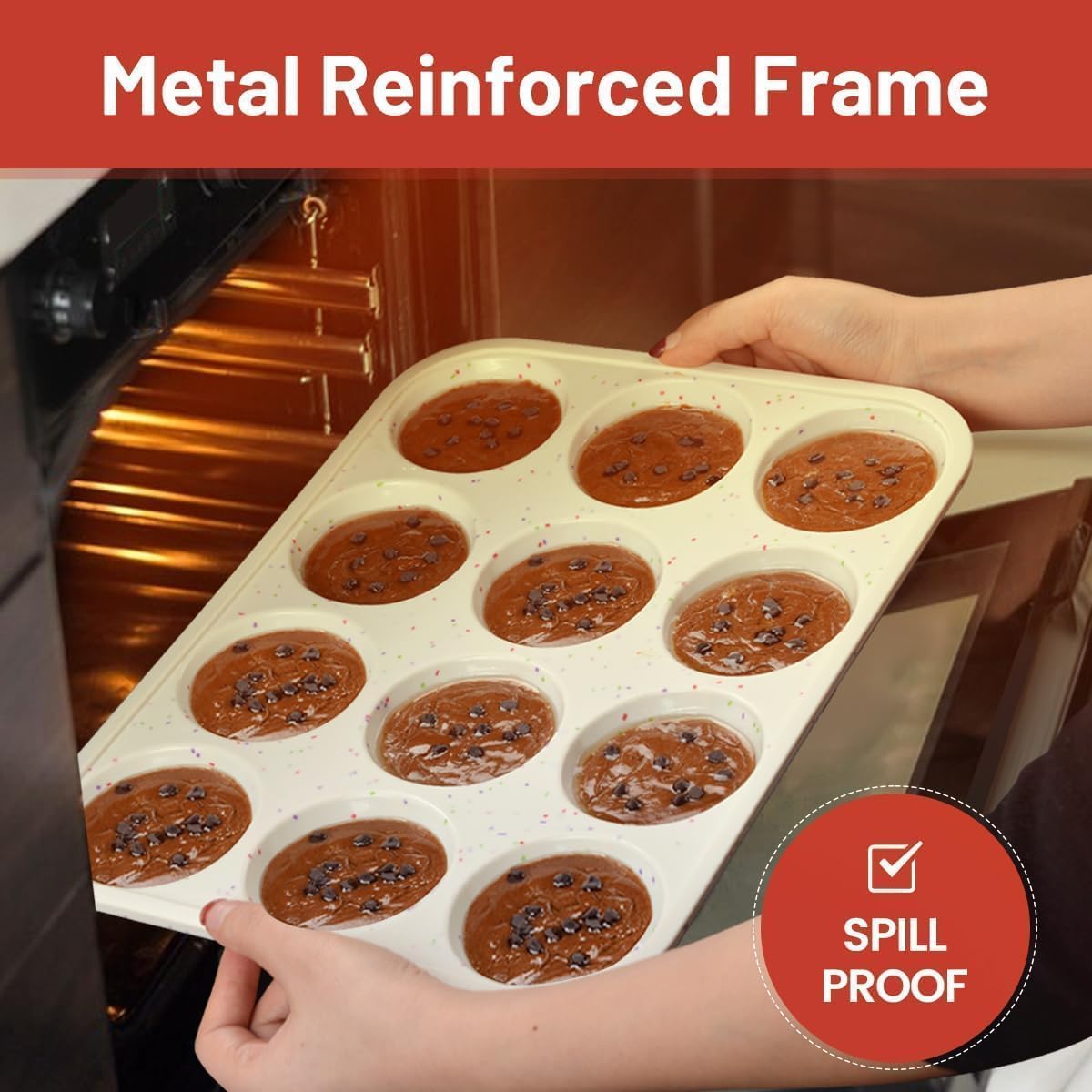 CAKETIME Silicone Muffin Pan, Metal Reinforced Frame Cupcake Pan 12 Cups Regular Size Easy to Move in or Out of Oven Non-Stick (2) CAKETIME