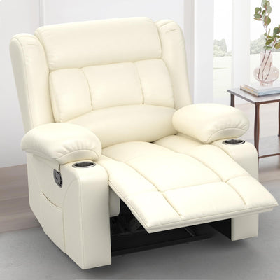 IROSTAE Recliner Chair for Adults, Oversized PU Leather Manual Pull Tab Reclining Chair with Cup Holders, Minimalist Style Single Sofa for Living Room, RV (Ivory White)