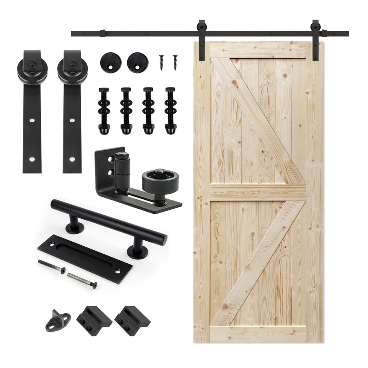 S&Z TOPHAND 34 in. x 84 in. Unfinished British Brace Knotty Barn Door with 6.6FT Sliding Door Hardware Kit/Solid Wood/Unfinished British Brace Barn S&Z TOPHAND