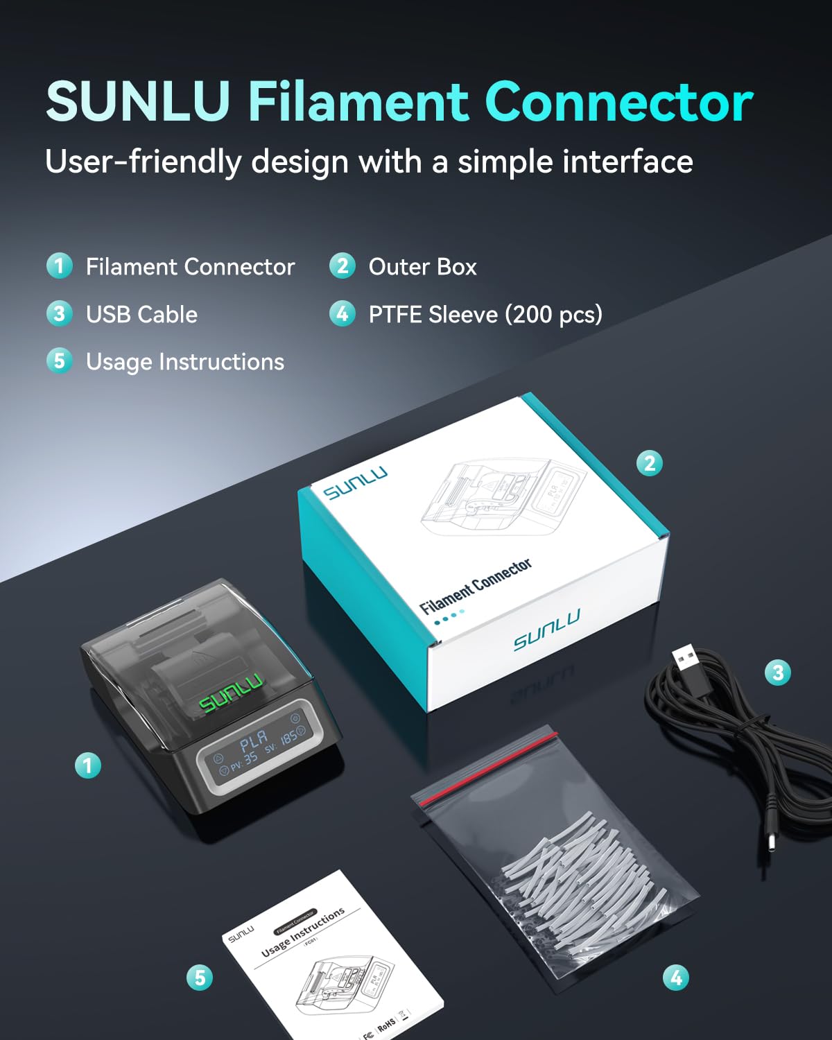 SUNLU Official Filament Connector, Fast Heating Filament Connector for 3D Printer Filament 1.75mm, Up to 240°C, Compatible with PLA PETG TPU ABS PA Nylon, Easy to Use, Pack with 200PCS PTFE Sleeve SUNLU