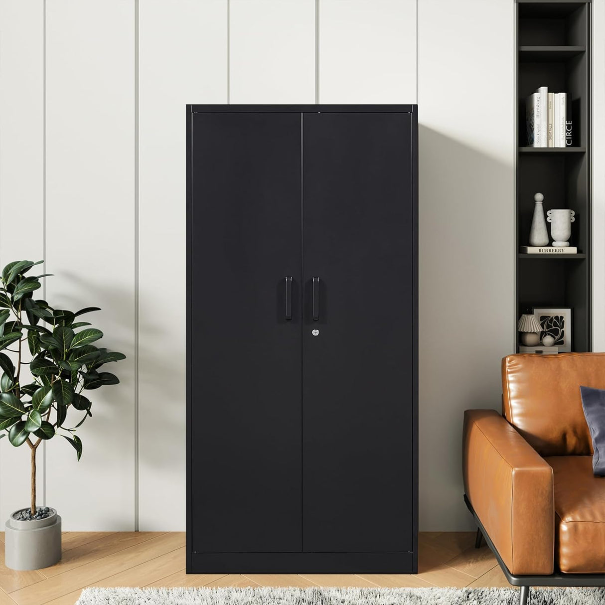 Oasecrilio Garage Storage Cabinet with 2 Lockable Doors, 5 Adjustable Shelves Metal Storage Cabinet, Kitchen Pantry Storage Cabinet, Heavy-Duty Steel Cabinet for Home, 71'H, Black Oasecrilio