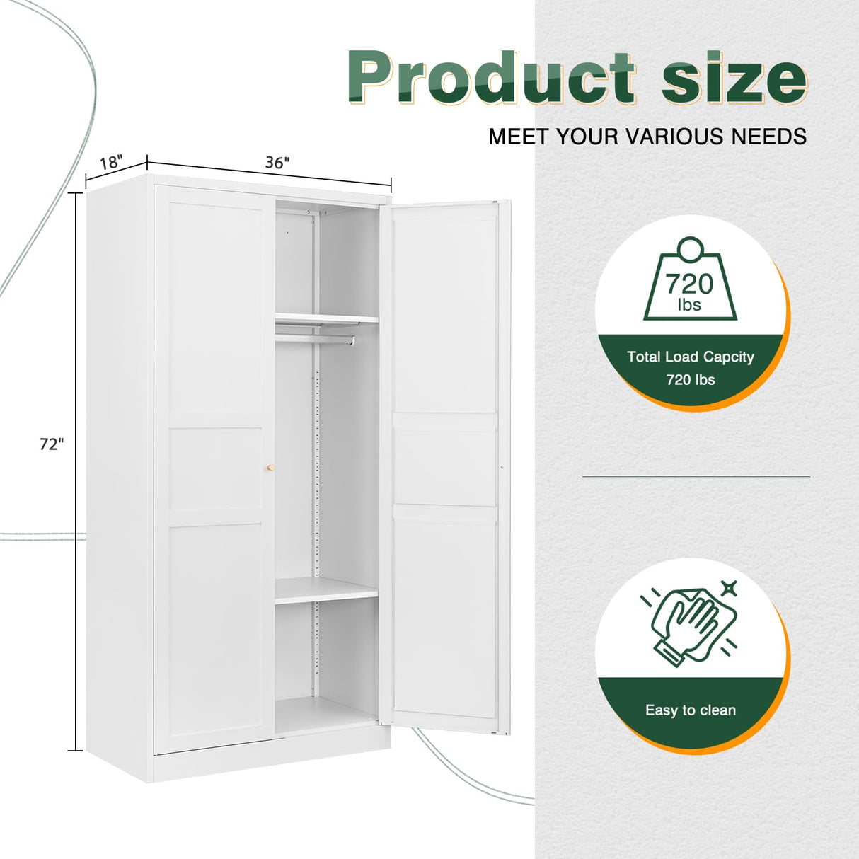 Letaya Wardrobe Armoire Closet,72" H Metal Storage Cabinet with Adjustable Shelves and Hanging Rod,Bedroom Armoire Cabinet Clothes Organizer (White) Letaya