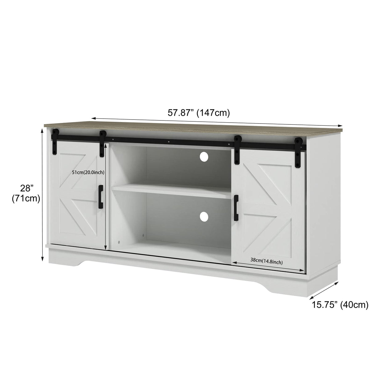 Panana Bar Cabinet with Barn 2 Sliding Doors Buffet Farmhouse Storage Cabinet TV Stand (White Body Natural Top) Panana