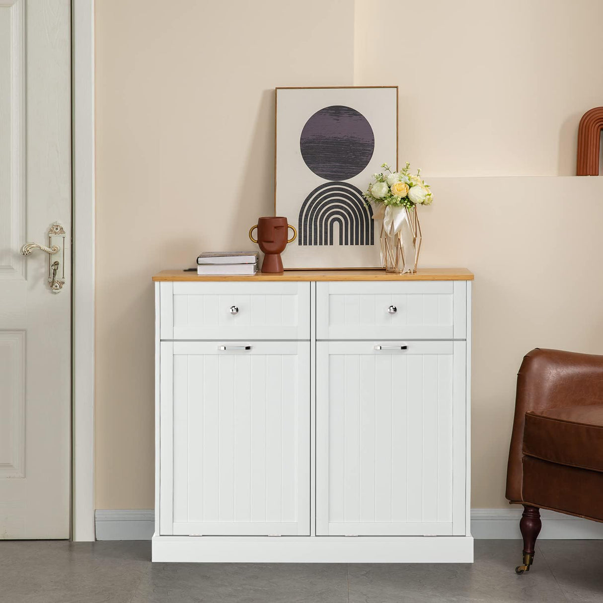 GAZHOME Double Tilt Out Trash Cabinet with Charging Station, Upgrade Wooden Free Standing Trash Cabinet with Outlet,Recycling Cabinet with Hideaway Drawer,20 Gallon Tilt Out Trash Cabinet (White) GAZHOME