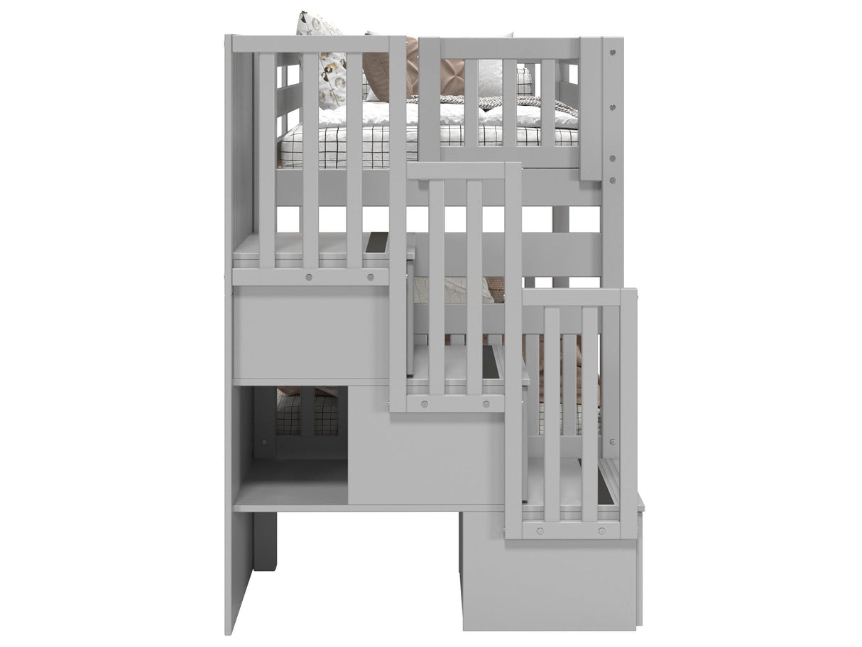 Bedz King Stairway Bunk Beds Twin over Twin with 3 Drawers in the Steps, Gray Bedz King