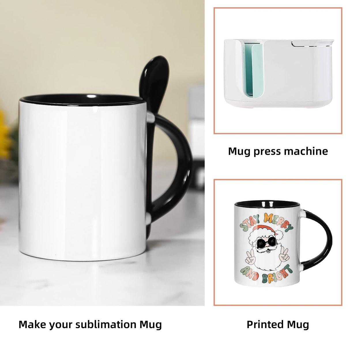 AGH Sublimation Coffee Mugs Blank 11 oz, White Straight Ceramic Cups with Pink Black White Red Interior, Handle, Spoon, Bulk Bundle Set of 12 AGH