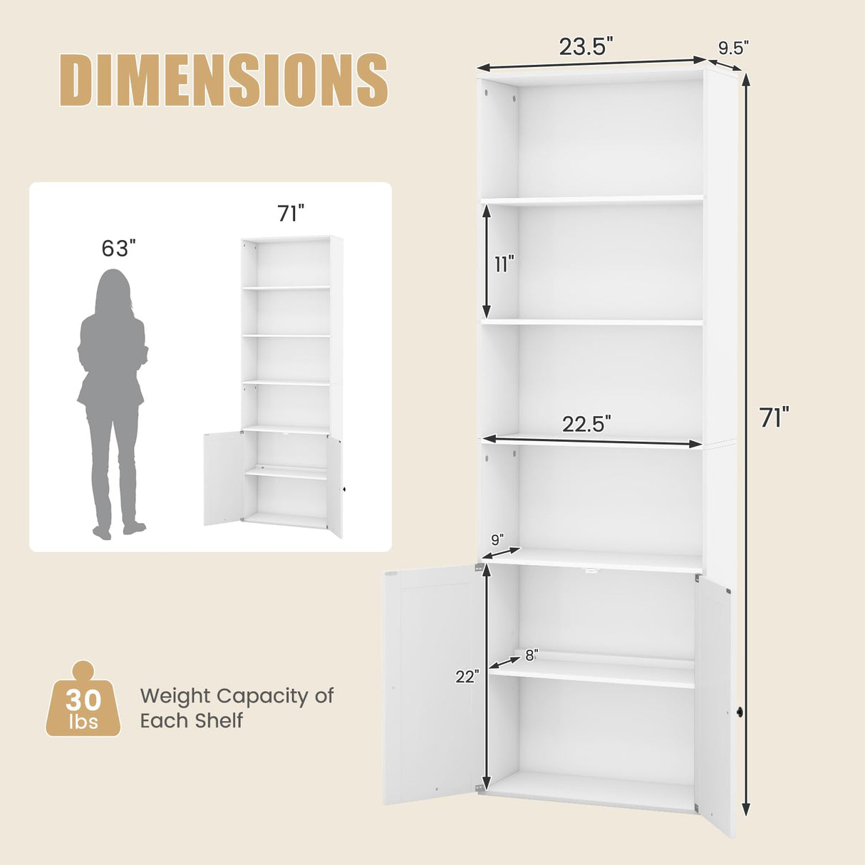 Giantex 71" Modern White Bookcase with Adjustable Storage and Anti-Tipping Features Giantex