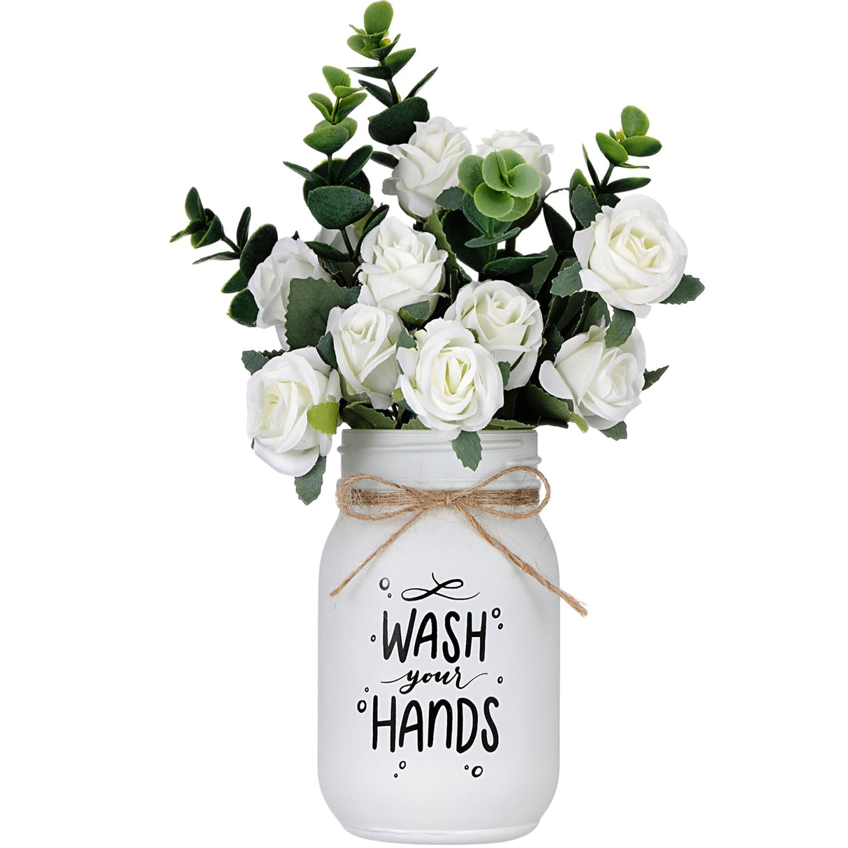 XunYee Farmhouse Bathroom Decor Wash Your Hands Sign Mason Jar with Flowers 16.9 oz White Mason Jar Centerpiece Table Rustic Decor for Restroom Bathroom Shelf Bridal Shower Kitchen XunYee