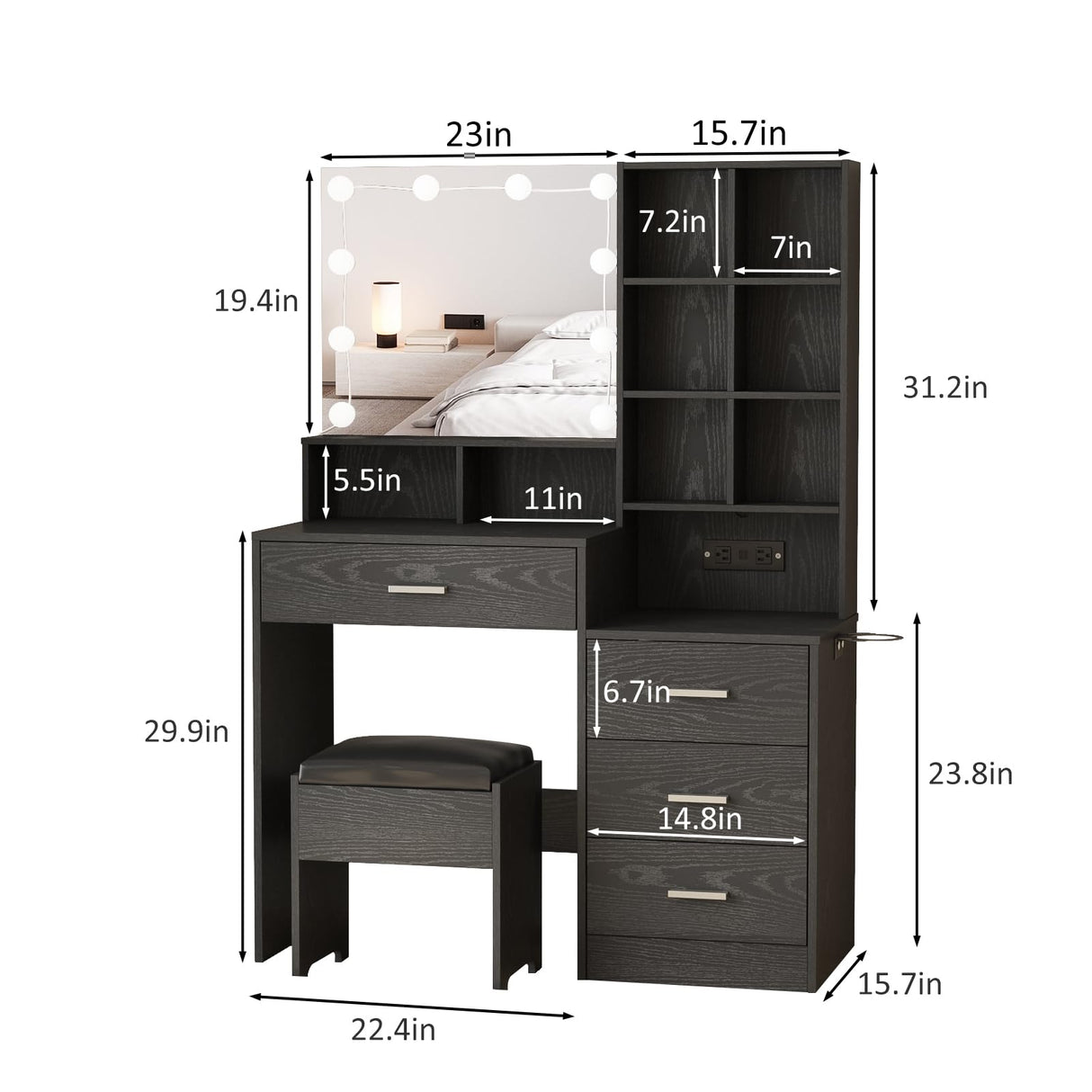 Vabches Black Vanity Desk with Mirror and Lights, Makeup Vanity Table with Charging Station, 3 Lighting Modes Brightness Adjustable, 4 Drawers, 8 Vabches