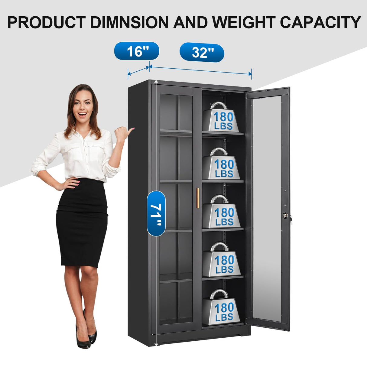 Polup Display Cabinet with Glass Doors, Black Curio Cabinet with Lock, 71“ Tall Display Case for Living Room, Bookcase for Home, Clinic, School (Black)- Assemble Required Polup