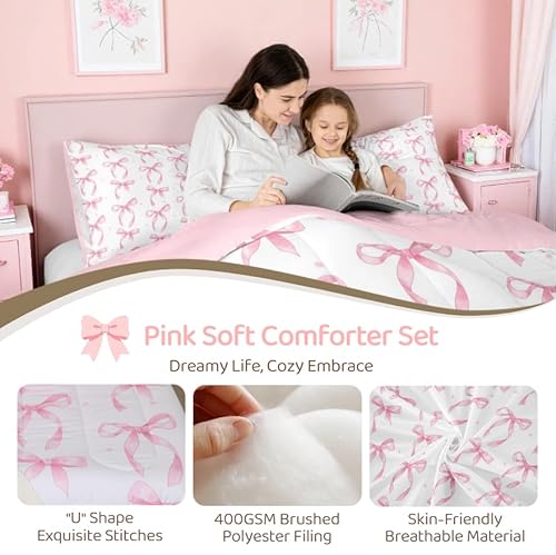 Erosebridal Cute Pink Bow Twin Bedding Set for Girls,Ribbon Bow Knot Comforter Set for Kids Kawaii Room Decor,Princess Bowknot Bed Set Girly Pink Bows Bedding Comforter Sets,1 Pillowcase Erosebridal