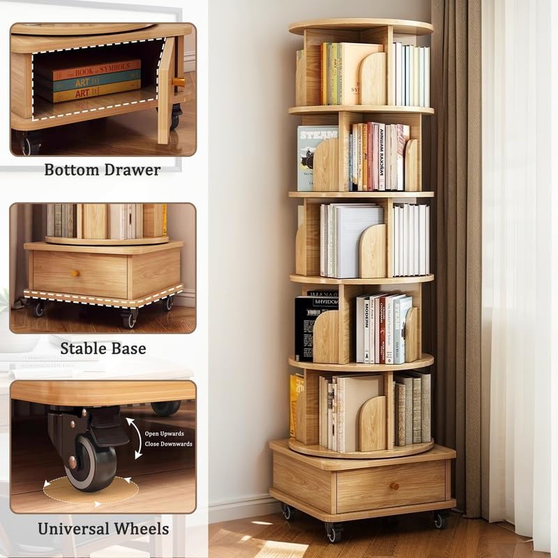 Dulamiy 6 Tier Rotating Bookshelf, 360° Display Round Spinning Bookshelf with Wheels and Drawer, Space-Saving, Small Space Rotating Book Shelf Tower for Bedroom, Living Room, Home, Office, Wood Color Dulamiy
