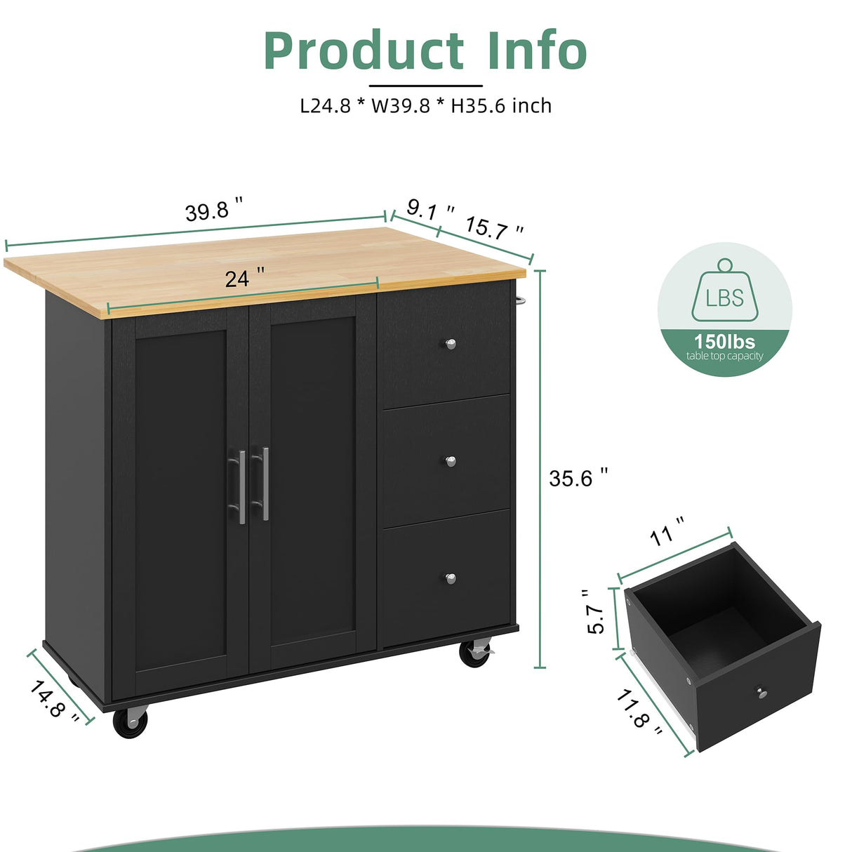 Shintenchi Rolling Kitchen Island Cart with Folding Drop Leaf Breakfast Bar, Portable Trolley Island with Large Storage Cabinet, Shelf and Drawer, Black Shintenchi