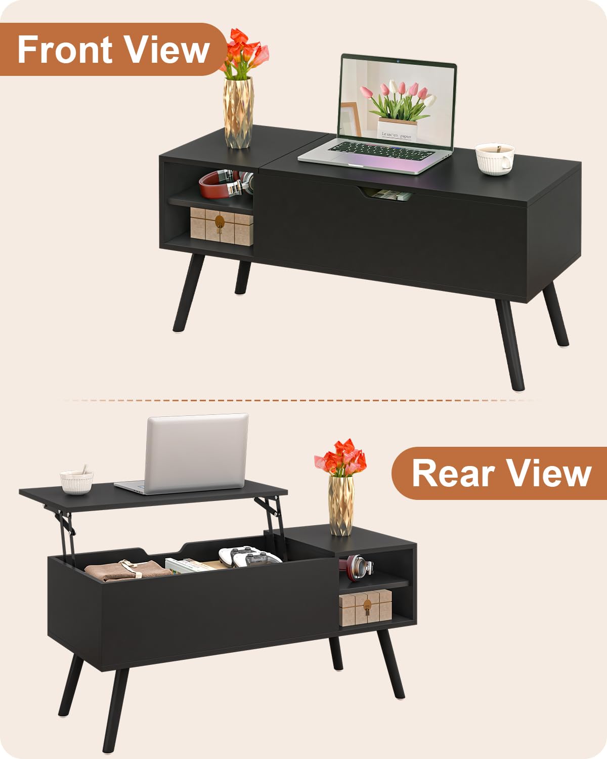 ALINE FURNITURE Coffee Table Lift Top - Black Lift Top Coffee Table with Hidden Compartment Storage - Lift Up Coffee Table - Wood Coffee Tables for Living Room ALINE FURNITURE