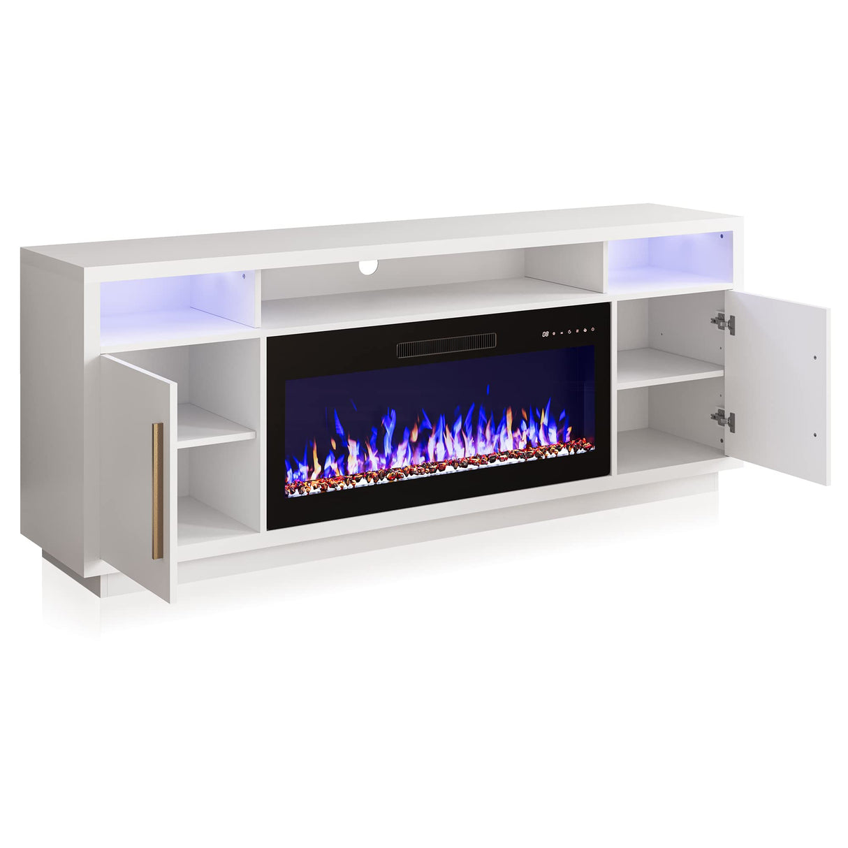 BELLEZE 70" Fireplace TV Stand for TVs Up to 75", LED Light Entertainment Center with 36" Electric Fireplace Heater, Storage Cabinet, Media Console Table for Living Room - Avenue (White) BELLEZE