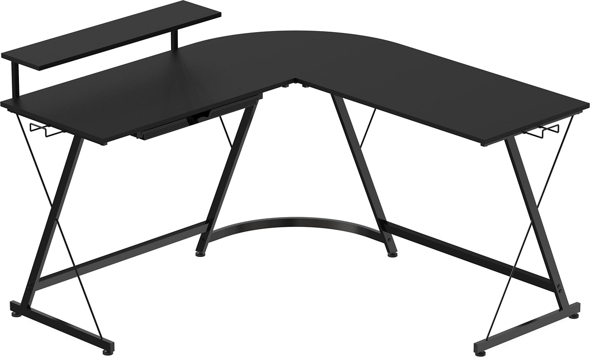 SHW Vista L-Shape Desk with Monitor Stand, Black SHW