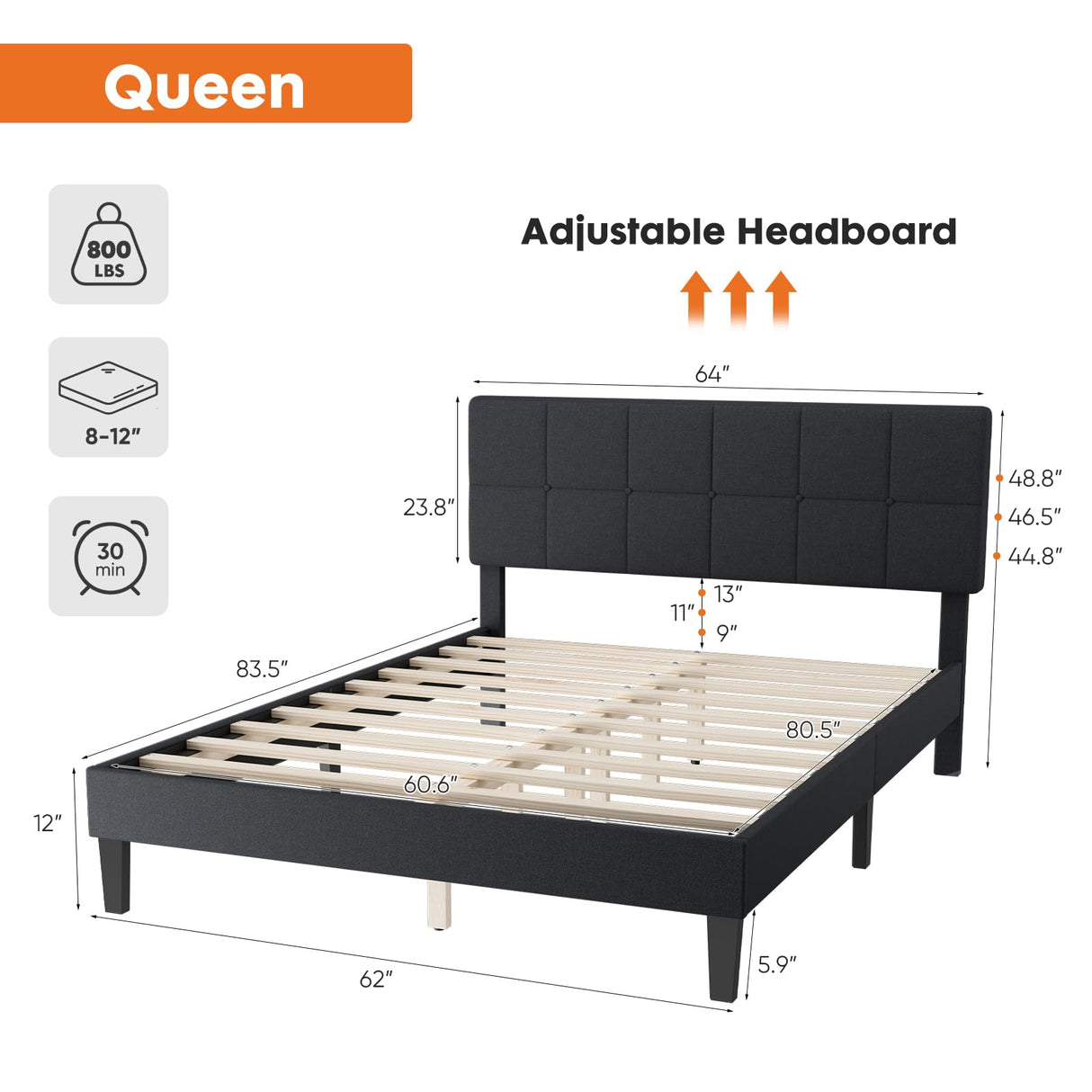 Sweetcrispy Queen Size Wood Bed Frame - Linen Upholstered Platform Bed with Headboard, No Box Spring Needed with 800LBS Sturdy Wooden Slats Support, Noise Free, Easy Assembly, Dark Grey Sweetcrispy