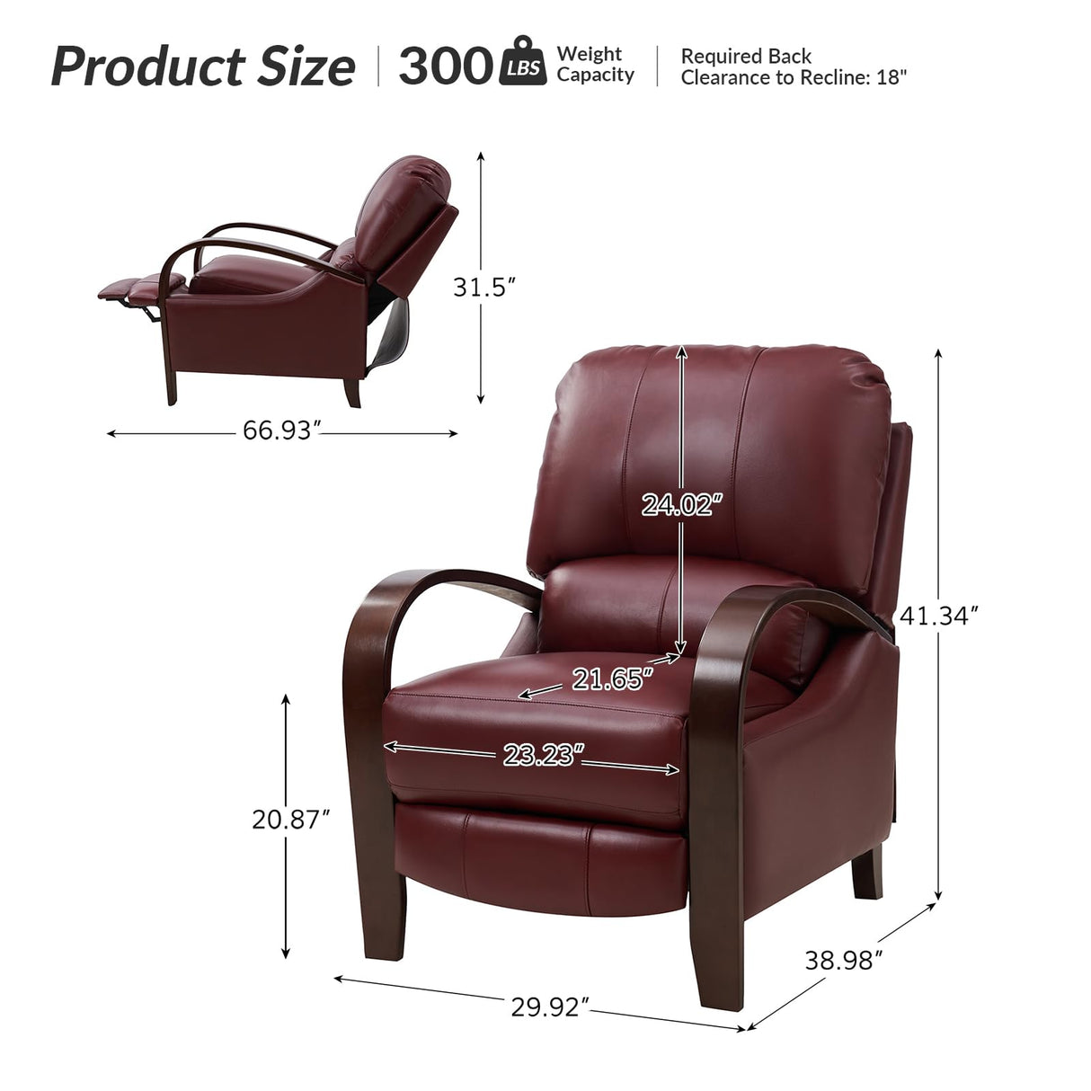HULALA HOME Genuine Leather Manual Recliner with Wood Feet & Armrest, Mid-Century Modern Push Back Reclining Chair for Living Room Bedroom, Burgury HULALA HOME