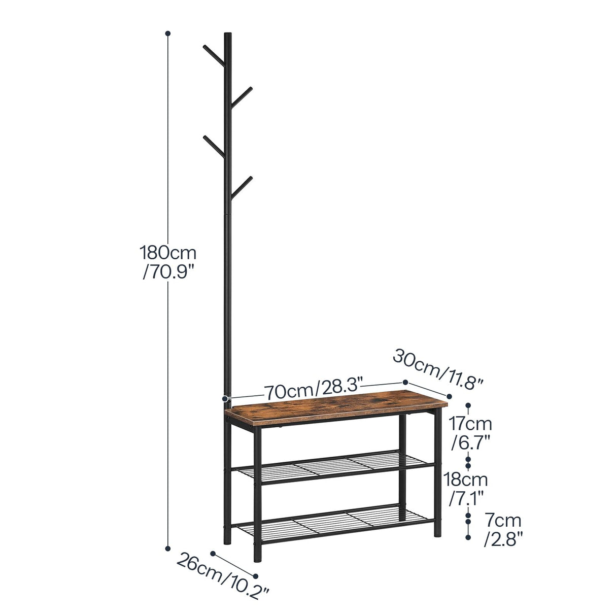 HOOBRO Coat Rack Shoe Bench, 3-Tier Shoe Rack, Industrial Shoe Organizer Storage Bench, Entry Bench with Mesh Shelves, for Entryway, Living Room, Hallway, Easy Assembly, Rustic Brown BF12HX01 HOOBRO