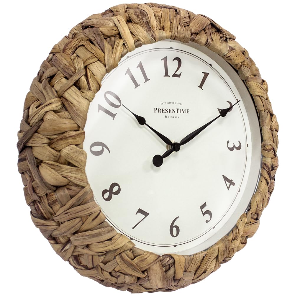 Presentime & Co. Farmhouse Series, Rustic Woven Clock, 12.6 inch, Natural Woven Water Hyacinth/Sea Grass. Wall Sculpture, Wall Art and Timepiece for Home Decoration/Wall Decoration/Farmhouse Décor Presentime