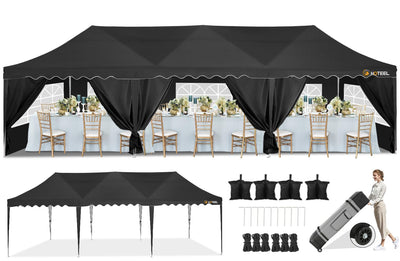HOTEEL 10x30 Canopy Tent with Walls 10x30 Party Tent, Waterproof Easy Setup Canopy Tent 10x30 with Roller Bag and Weight Bags, Outdoor Pop Up Canopy Tent for Parties,Events,Backyard,Wedding, Black