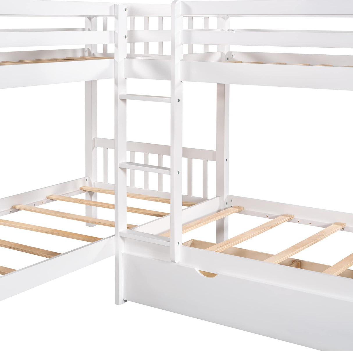 MERITLINE Twin Size Quad Bunk Beds, Kids Bunk Bed with Drawers, Wood L-Shaped Bunk Bed 4 Bed Bunk Beds for Kids,Teens (White) MERITLINE