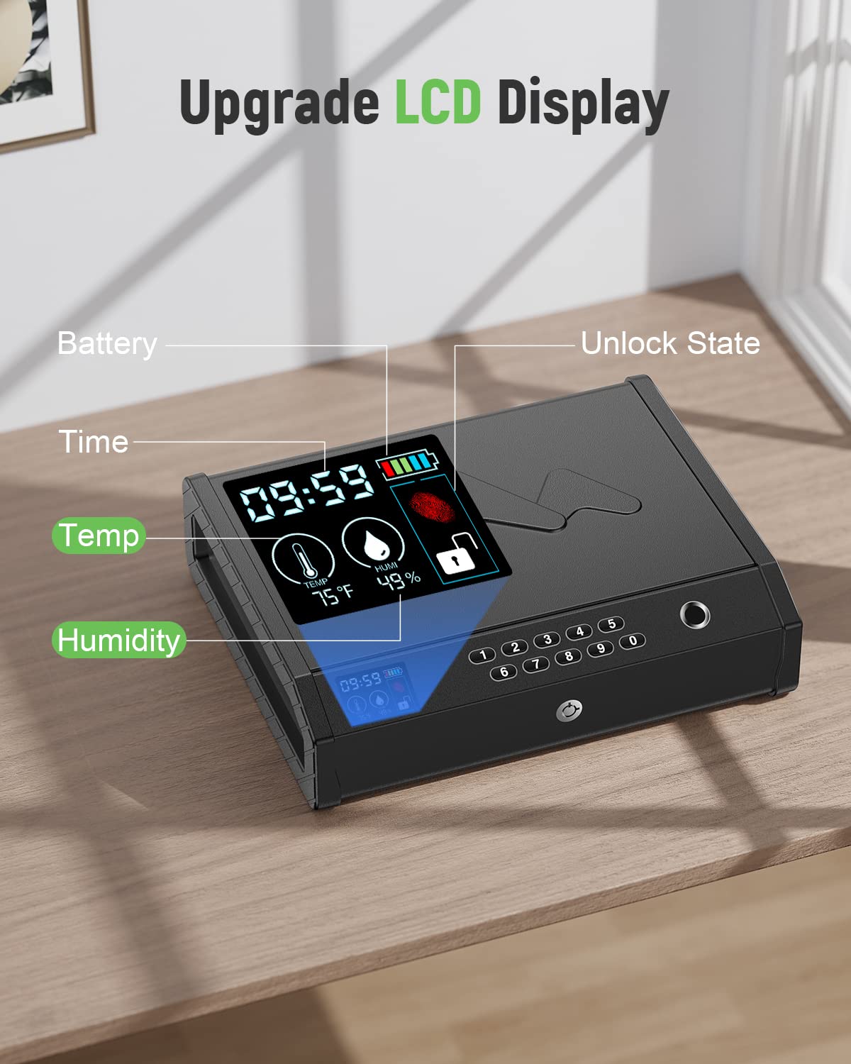 HOLEWOR Gun Safe, Biometric Safes for Pistols with LCD Display of Time Battery, Fingerprint Quick Access Handgun Safe Pistol Bedside, Nightstand, Car, 2 Capacity HOLEWOR