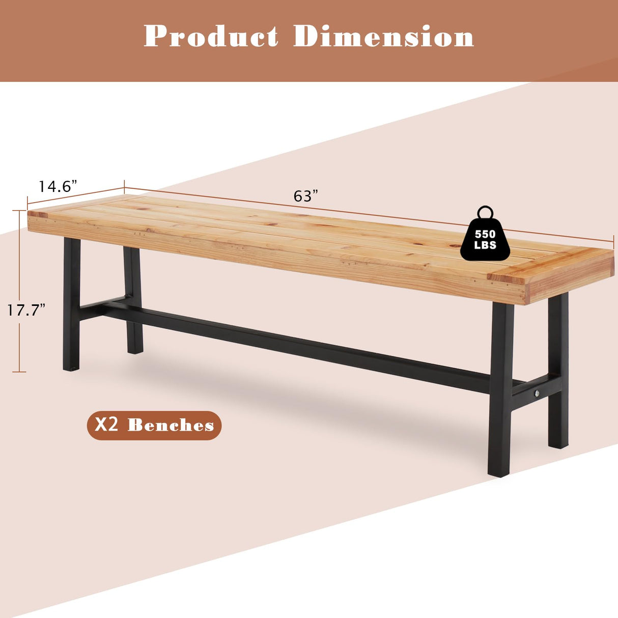 AVAWING Outdoor Dining Bench Set of 2, Wood Patio Backless Bench 63" Picnic Chairs, Wooden Farmhouse Bench for 6 People, Long Garden Park Porch Backyard Deck, Natural AVAWING