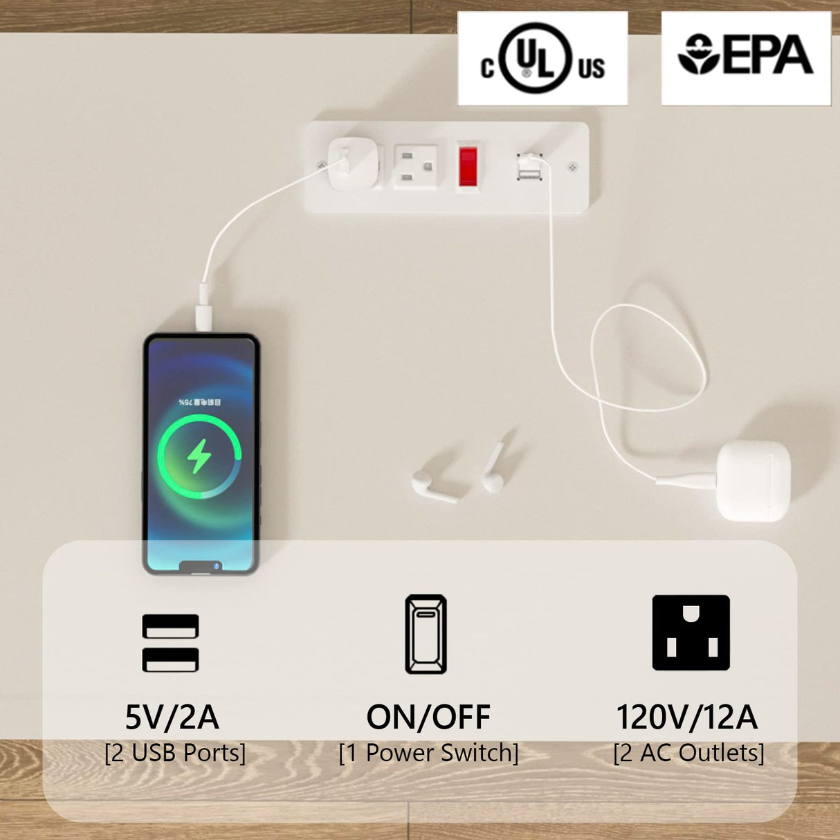 IKENO Nightstand with 3 Drawers and Charging Station, Solid Wood Dresser Organizer for Bedroom IKENO