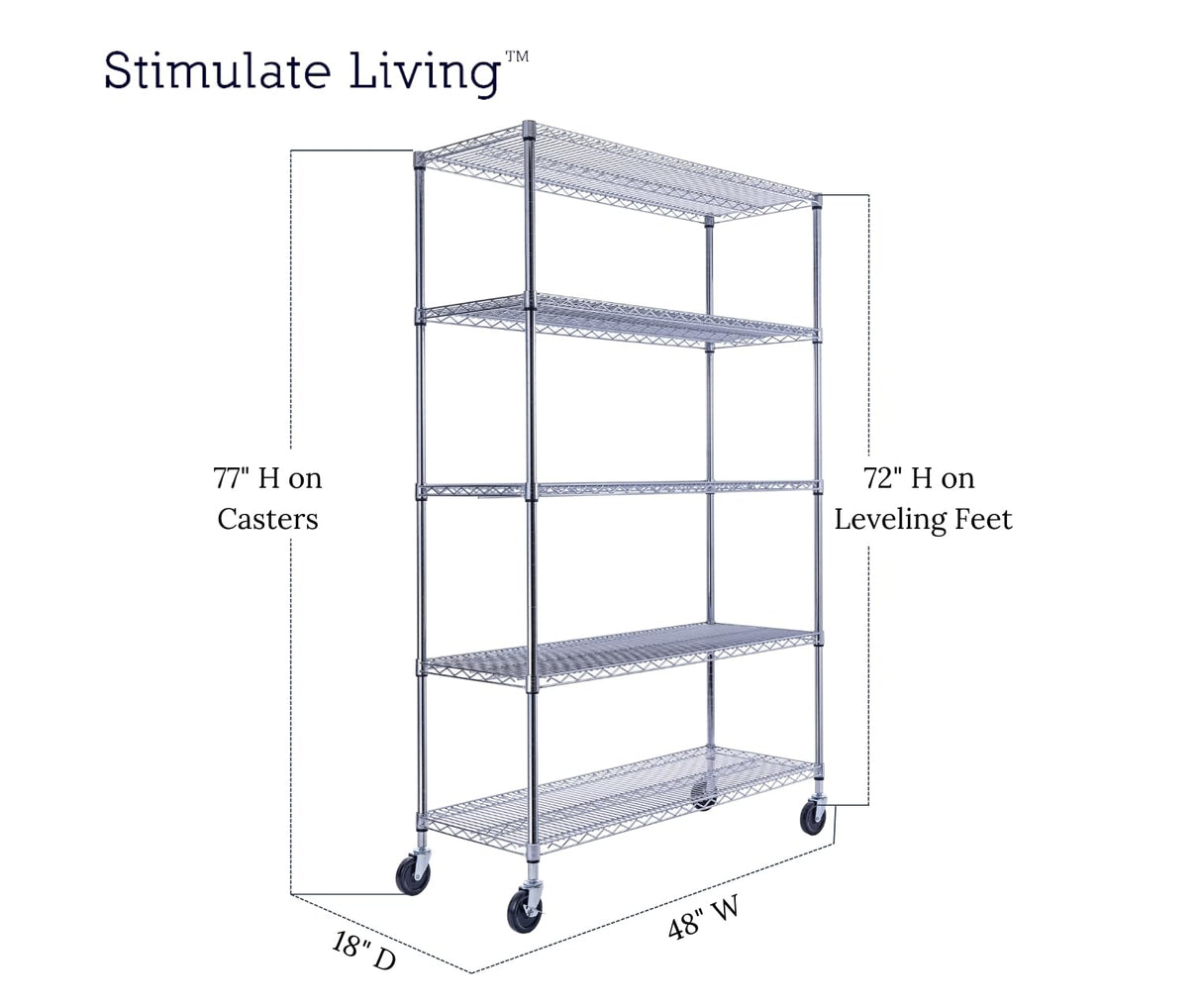 48"x18"x72" PRIME HEAVY DUTY Chrome 5-Tier Wire Shelving NSF 4000 LBS MAX Capacity Storage Rack for Commercial, School, Home, Garage, Warehouse, Industrial, and Hospital Uses (with Wheels) Stimulate Living