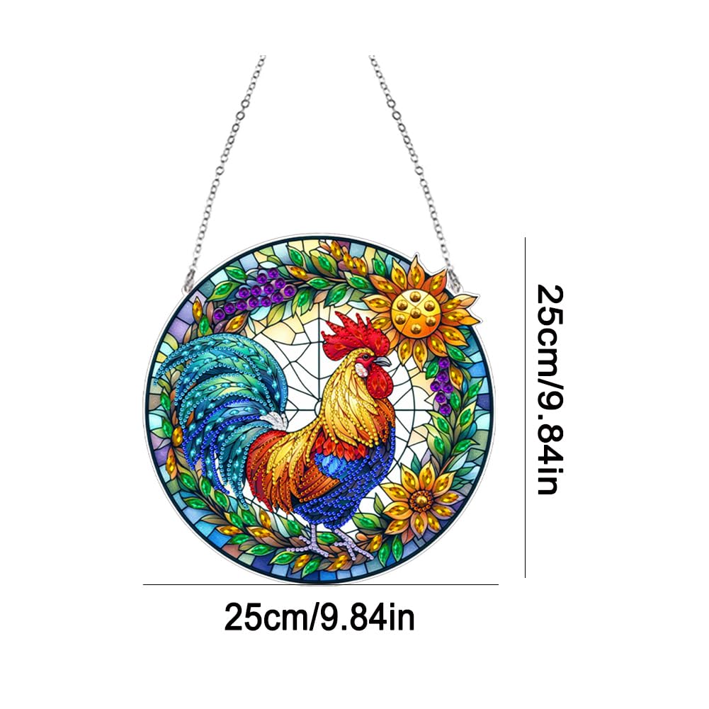 Ceitura 5D DIY Sunrise Rooster Diamond Art Painting Dots Pendant Stained Glass Rhinestone Diamond Art Window Pendants for Garden Window Decor C'eitura