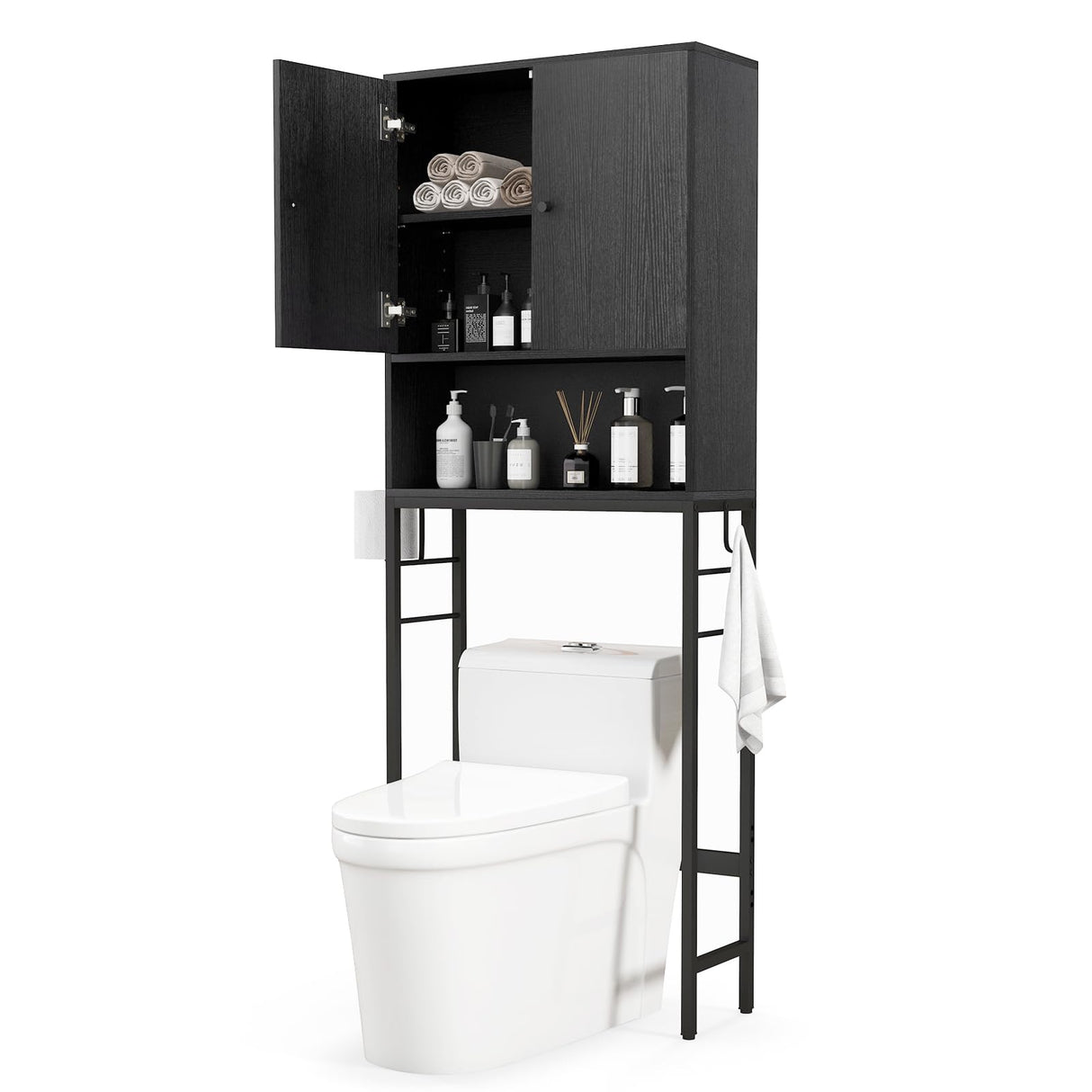 Tangkula Over The Toilet Storage Cabinet, Bathroom Space Saver with 2 Doors, Adjustable Shelf, 2 Side Hooks, Metal Stand, Freestanding Above Toilet Storage Cabinet for Restroom, Laundry (Black) Tangkula