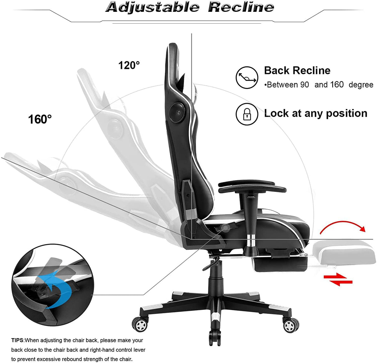 GTRACING Gaming Chair with Footrest Speakers Video Game Chair Bluetooth Music Heavy Duty Ergonomic Computer Office Desk Chair (White) GTRACING
