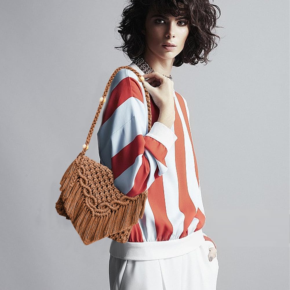 INFUNLY DIY Macrame Bag Kit for Adults Beginners Macrame Handmade Woven Bags with Tassels Bohemian Knotting Handbag Macrame Kit Crochet Bag Kit with Video Instruction for Women Holiday Beach Decor INFUNLY