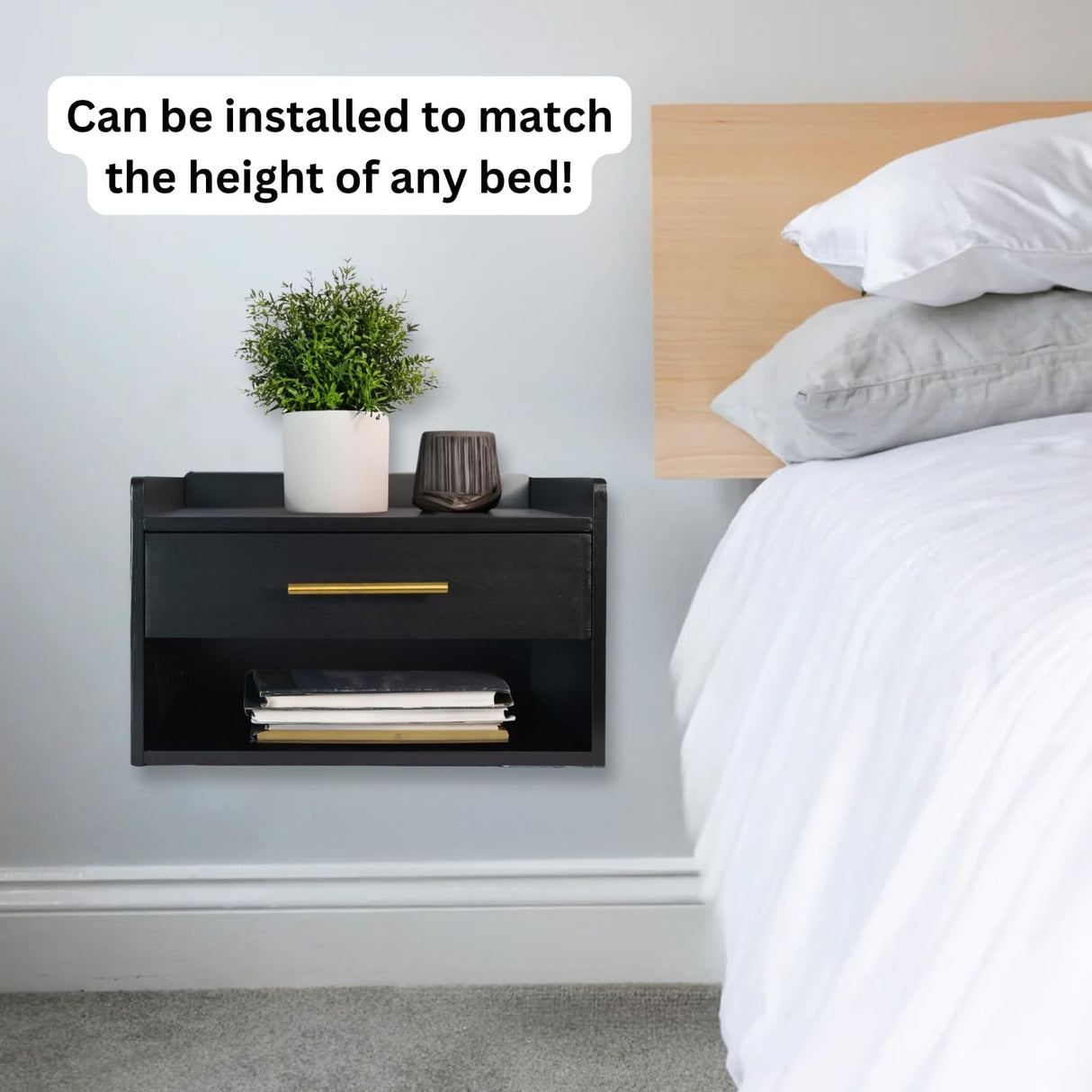 TSG Modern Floating Nightstand with Drawer, Black Wood Finish, Modern Night Stand with Gold Hardware, Enclosed Drawer and Open Shelf, Easy Assembly & Install, Strong Bamboo with Top Shelf Edge Guard TSG Modern