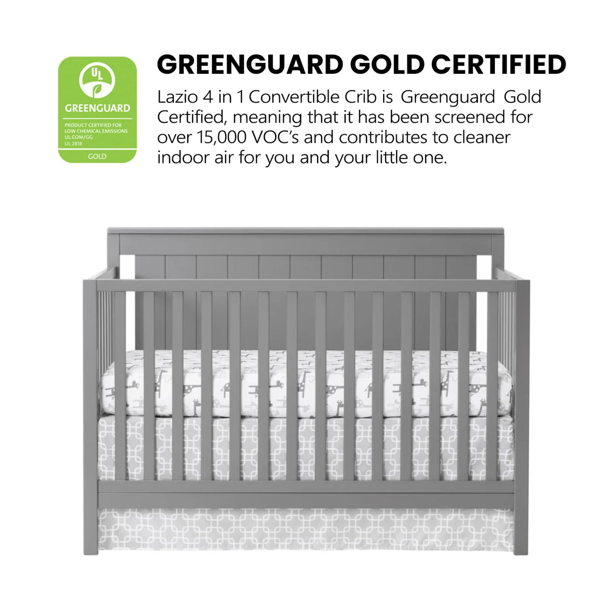 Oxford Baby Lazio 4-in-1 Convertible Crib, Dove Gray, GreenGuard Gold Certified Oxford Baby