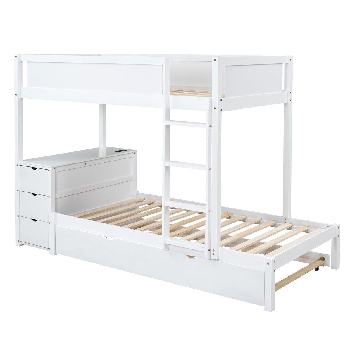 Ball & Cast Twin-Over-Twin Bunk Bed with Twin Size Trundle,Solid Wood Bedframe W/Desk & Drawers,USB,Space Saving,Easy Assembly,Multifunctional Bedroom Furniture Set for Boys Girls Teens,White Ball & Cast
