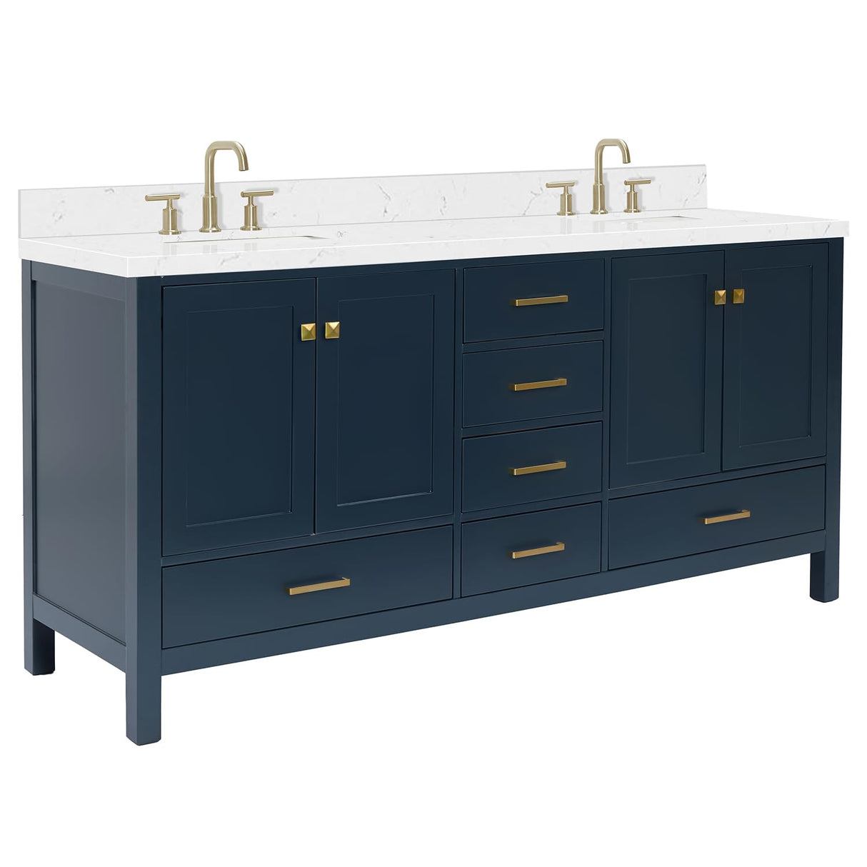 ARIEL Cambridge 72" Midnight Blue Double Vanity, 1.5" Edge Carrara White Quartz Countertop & Splash, Rectangular Sinks, 4 Soft Closing Doors, 6 Full Extension Dovetail Drawers, Satin Brass ARIEL