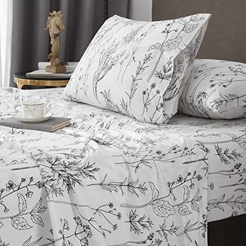 HYPREST Floral Bed Sheets King Size, 18 inches Deep Pocket Sheets 1800 Thread Count, Black and White Leaf Sheet Set Soft Breathable Cute Aesthetic Sheets Shabby Chic Bed Sheets,Oeko-Tex Certificated HYPREST