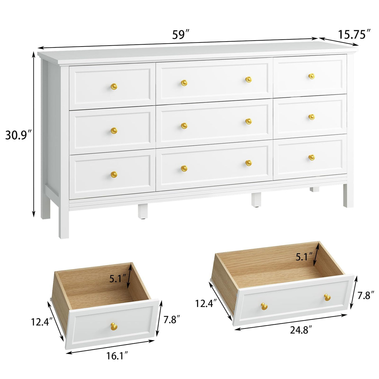 CARPETNAL 9 Drawer White Dresser for Bedroom with Deep Drawers, Large Dressers & Chest of Drawers With Gold Handle, Modern Long Dressers for Closet Bedroom, Living Room (59.25" W x 15.75" D x 30.9" H) CARPETNAL
