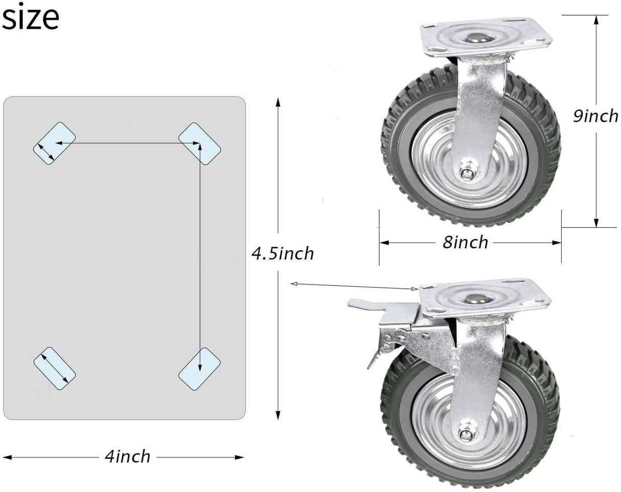 uyoyous Heavy Duty Casters Set of 4, 8 Inch All-Terrain Caster Wheel, Rubber Swivel Casters with Brake, Off Road Caster Wheels for Utility Cart Furniture uyoyous