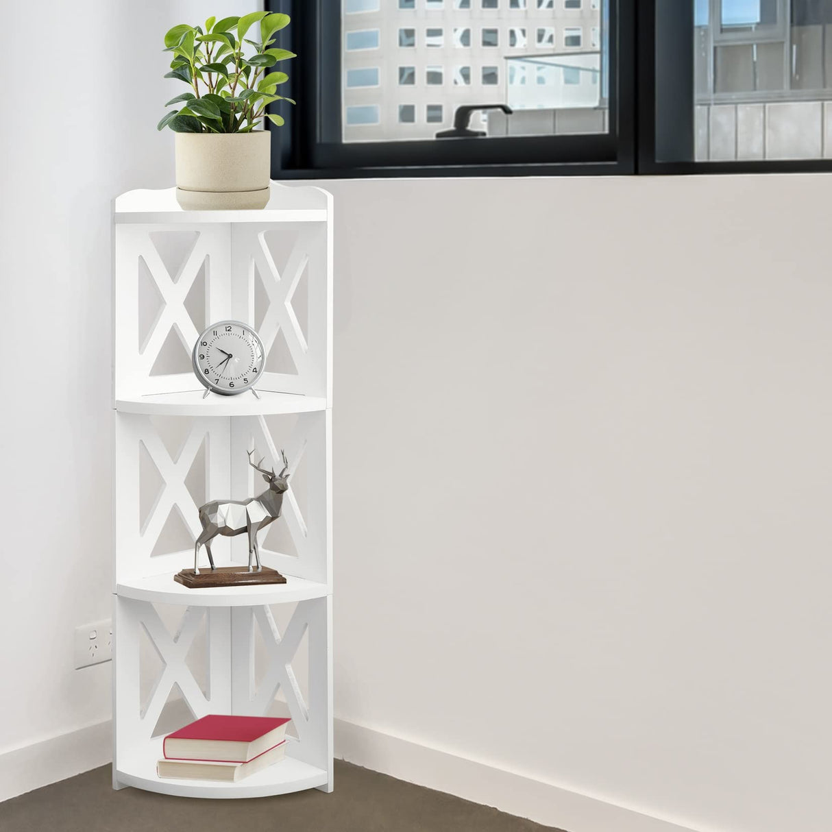 NHZ Corner Shelf Stand, Wood Corner Bookshelf, Corner Bookcase and Plant Stand (White, 4 Tier) NHZ