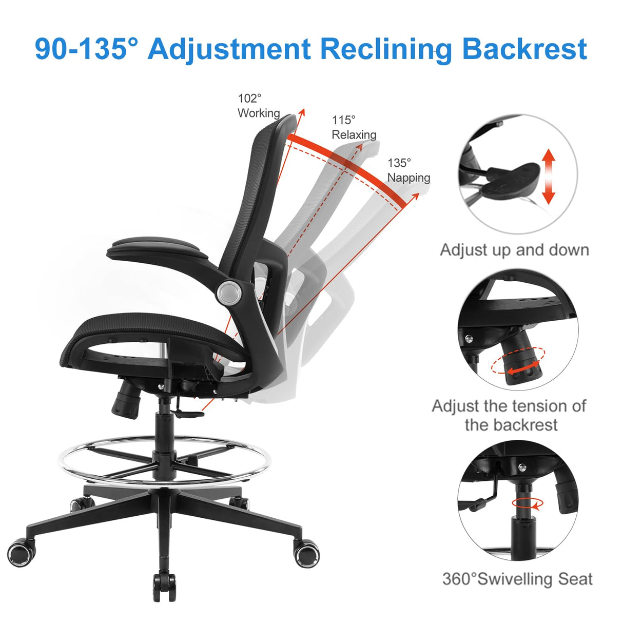 Office Drafting Chair,Ergonomic Tall Office Desk Chair,Adjustable Standing Desk Stool Chair,Executive Computer Chair with Footrest Ring and Lumbar Support (Black) Luckyear