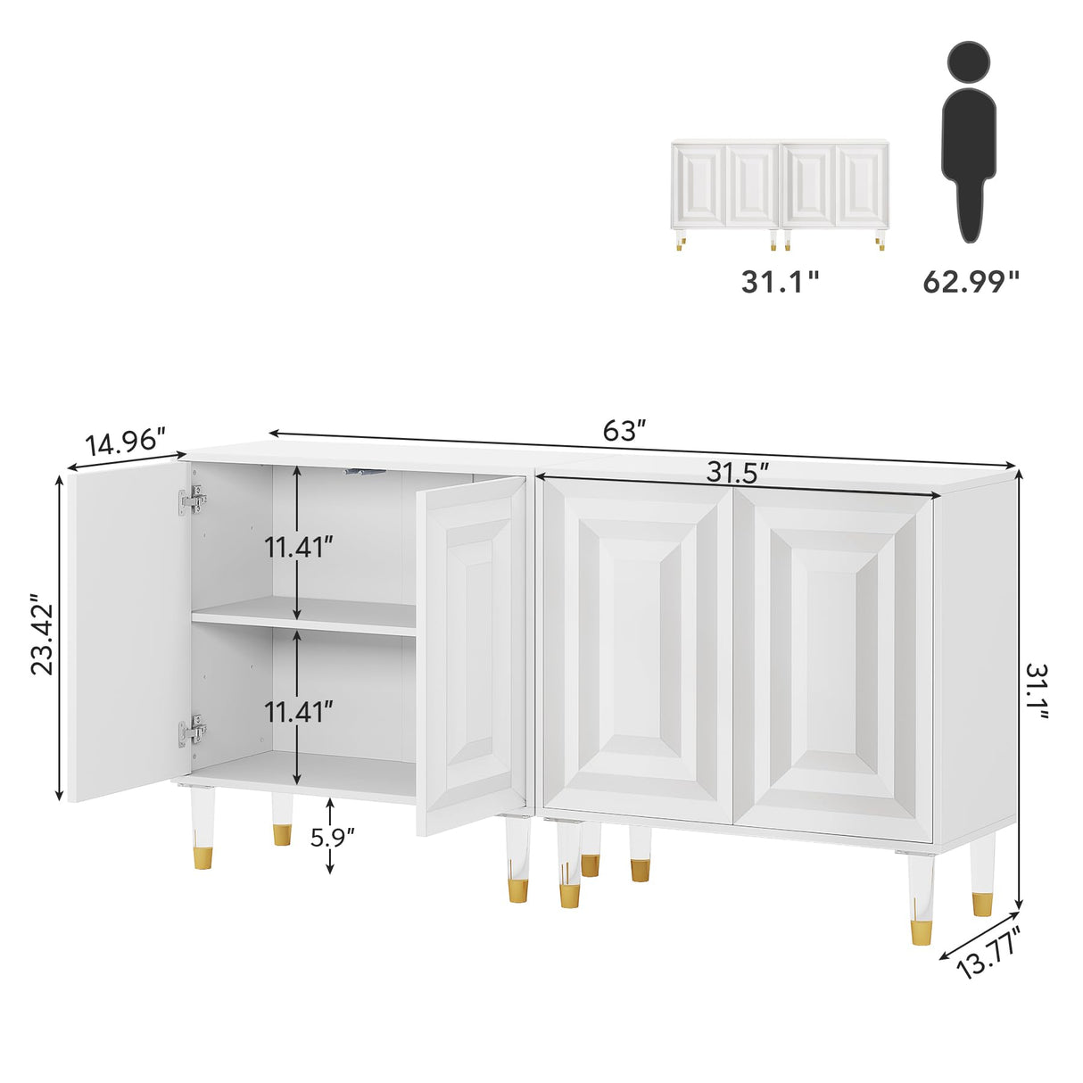 Tribesigns Sideboard Buffet Cabinet, 63 Inch Modern Kitchen Accent Cabinet with 4 Doors and Storage Shelves, White Credenzas Console Bar Cabinet for Living Room, Dining Room, Entryway, Office Tribesigns