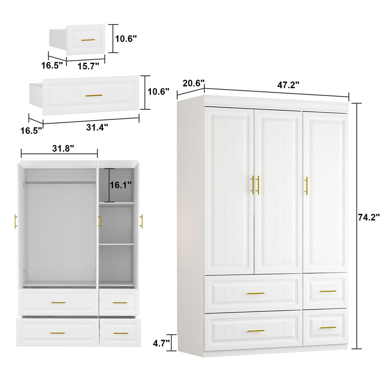 AIEGLE Modern 3-Door Armoire Wardrobe Closet with Drawers, White - 20.6"D x 47.2"W x 74.2"H AIEGLE