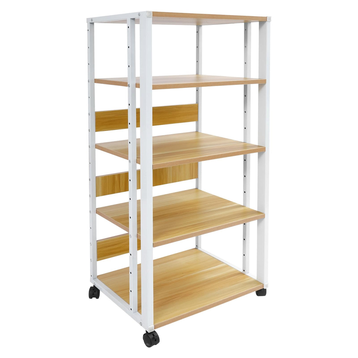 5-Tier AV Media Stand Audio Rack Tower with 4 Lockable Universal Wheels Movable Audio Media Stand with Top Corner Shelf for Record Player, Stereo Components, DVD Players(19.7*15.7*42.9in, White, Wood) VitaChicuy