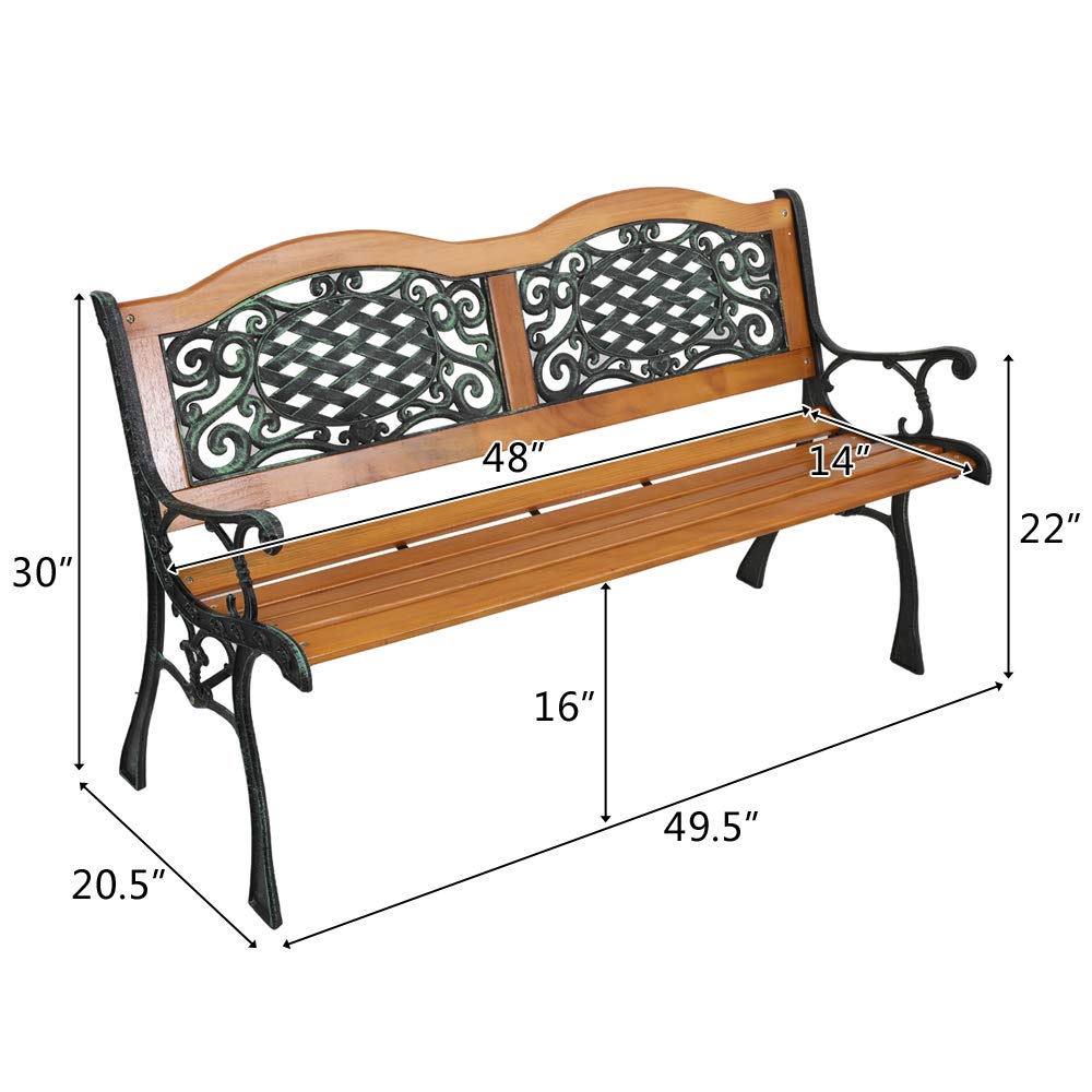 Outvita 49.5in Garden Bench, Patio Wood Love Seat with Metal Armrest Retro Style for Patio Porch Deck Yard Lawn Poolside(Classical) Outvita