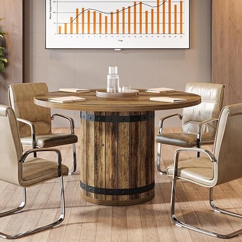 Tribesigns 39.37-Inch Round Conference Table, Farmhouse Meeting Room Table for 4, Seminar Boardroom Desk with Fence Pedestal Base for Office Conference Room (Rustic Brown, Chairs Not Included) Tribesigns