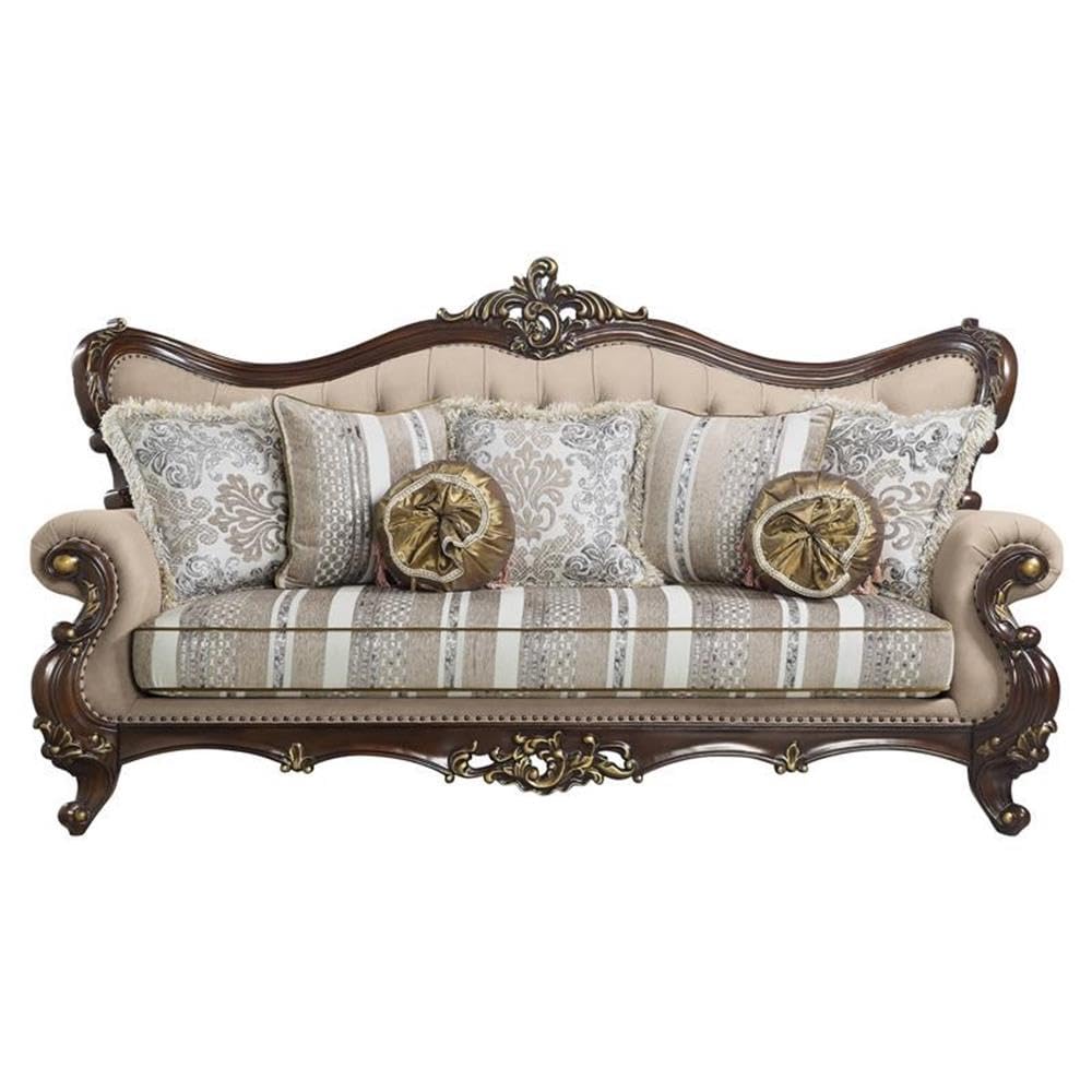 Acme Ragnar Sofa with 7 Pillows in Light Brown Fabric and Cherry Acme